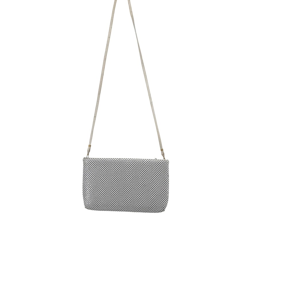 Whiting and Davis White Mesh Crossbody Bag Evening Clutch Gold Logo Wedding